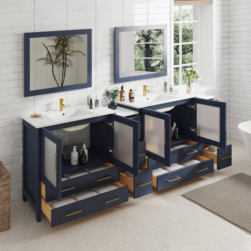  96" Double Bathroom Vanity Set with Mirror, Blue