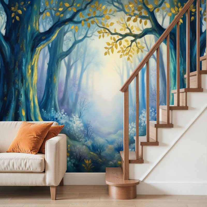 Papier peint adhésif pelez et collez, forêt, paysage, or bleu mystique, lumière magique, art mural fantaisiste, auto-adhésif et amovible