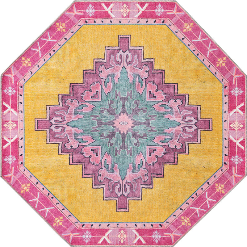 Tapis traditionnel jaune opie, Octogone 5 pi x 5 pi
