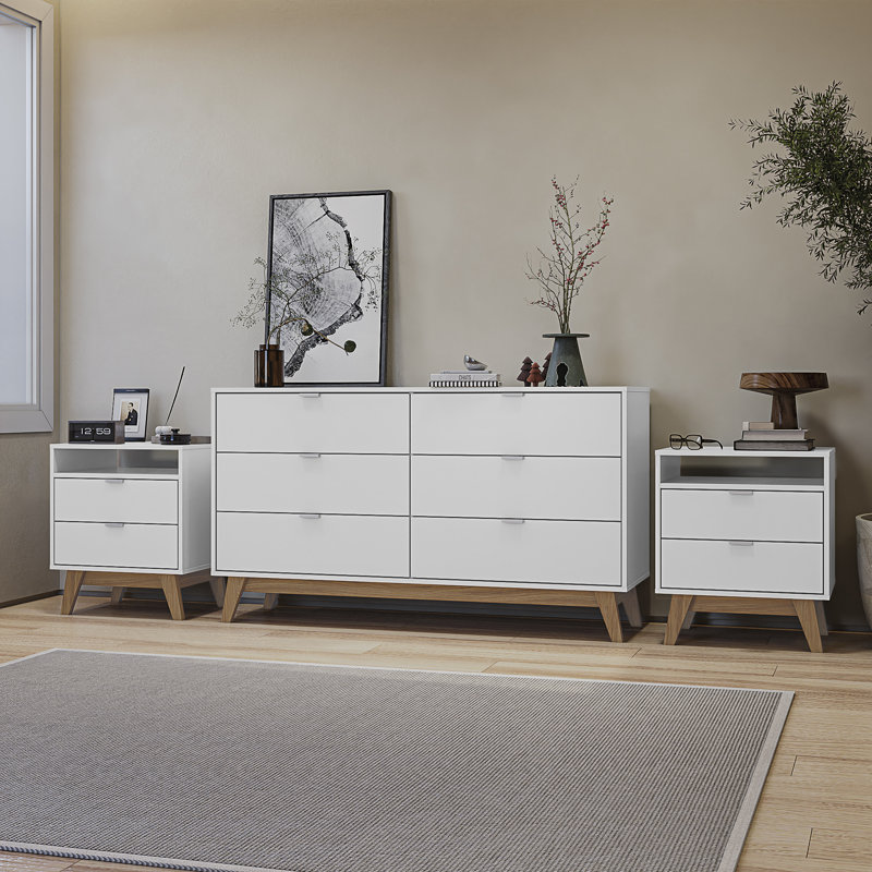 Bernando 3-Piece Bedroom Set - 6-Drawer Dresser And Two 2-Drawer Nightstands, White