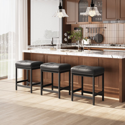 24” Upholstered PU Leather Backless Counter Stool with Thick Wide Cushion