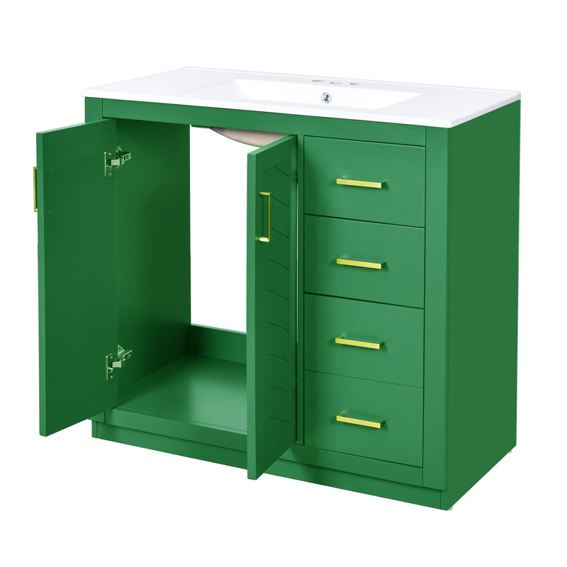 Meuble-lavabo simple 36 po avec comptoir en céramique 36 po, Vert, Doré