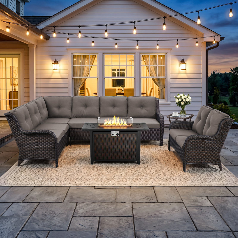 Ensemble de jardin modulaire de 4 pièces en résine tressée avec table de foyer, Gris