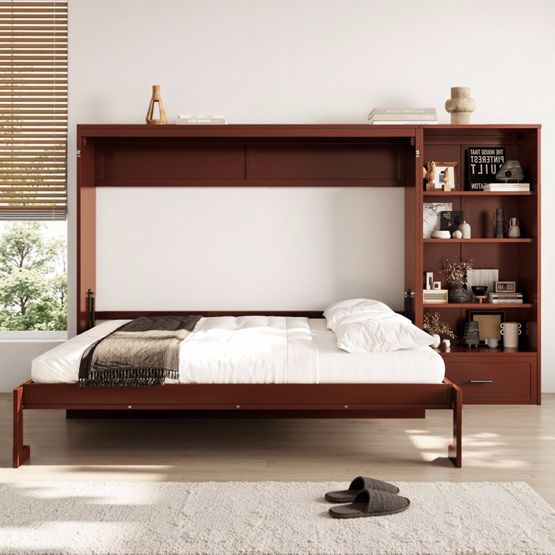 Grand lit escamotable avec compartiments de rangement à hauteur réglable et tablette, cadre de lit mural avec 1 tiroir, lit plateforme pliable multifonctionnel pour petit espace, chambre à coucher, chambre d'amis
