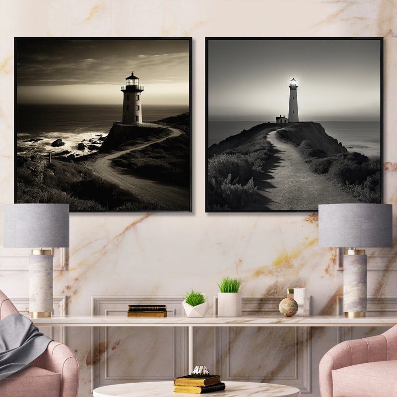 Phare noir et blanc Panorama, Cadre flottant noir, 16" H x 33" W