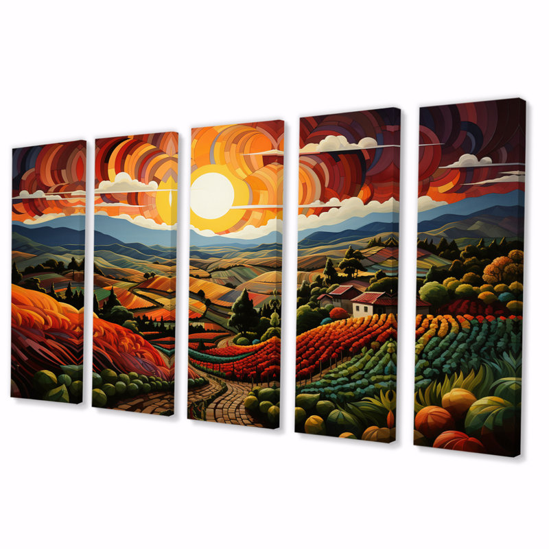 «Vineyard Rows Of Ruby I», impression d'art mural de ferme - 5 panneaux égaux