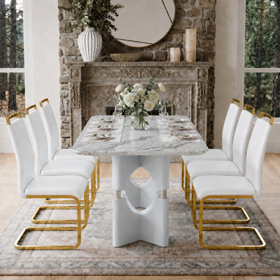 71'' Faux Marble Dining Table Set With Upholstered Chairs, Seats 6 Or 8