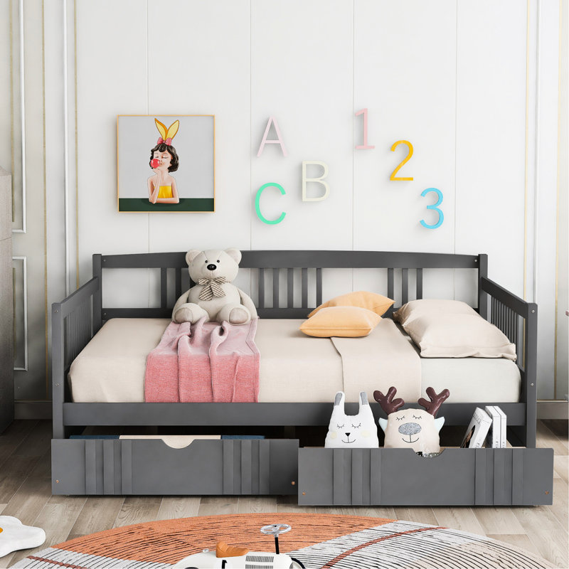 Gray Full Size Daybed With Two Drawers, Made Of Solid Pine Wood Drawers In - For A Comfortable Sleeping Area, Gray