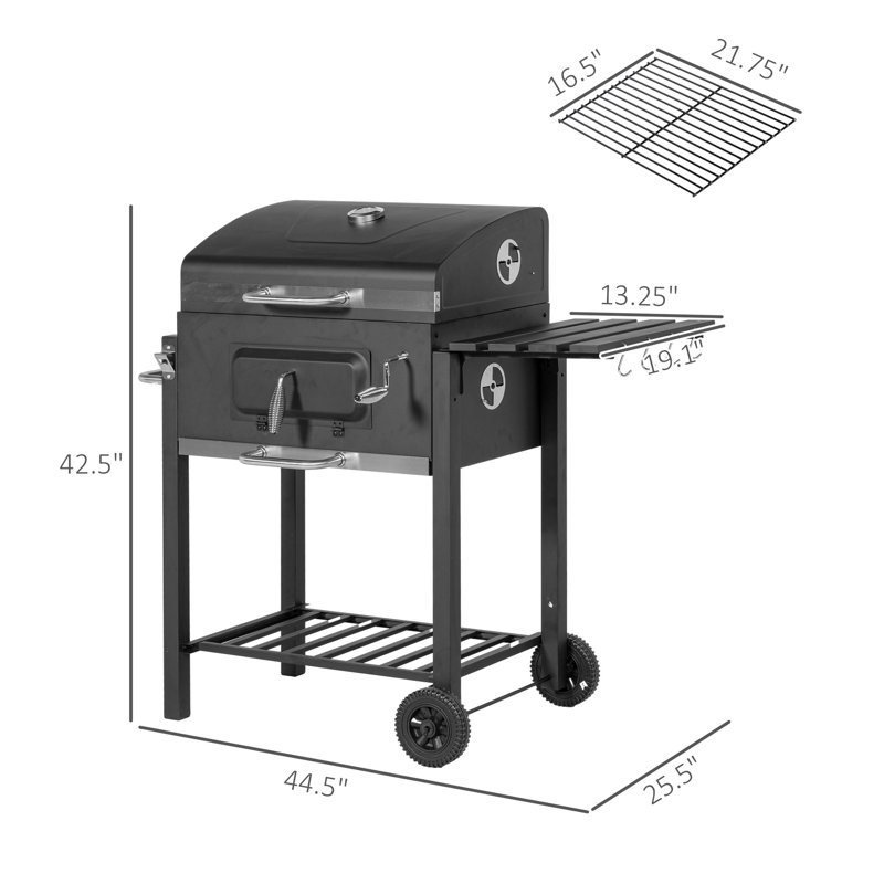 Barbecue au charbon de bois, cuiseur d'extérieur portatif pour le camping et les fêtes dans la cour. Surface de cuisson de 21,75 po x 16,5 po, table d'appoint, tablette inférieure, roulettes, poignée, noir. Diffusion optimale de la chaleur avec régla