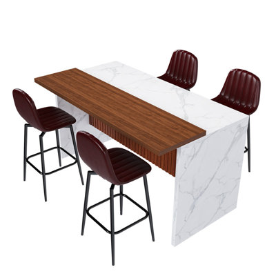 63-inch Modern Kitchen Island Set with 4 Dark Brown Bar Stools - LED Lighting & Grill Design for Dining Room, Open Concept Spaces, Lounge(4 Dark Brown Bar Stools)