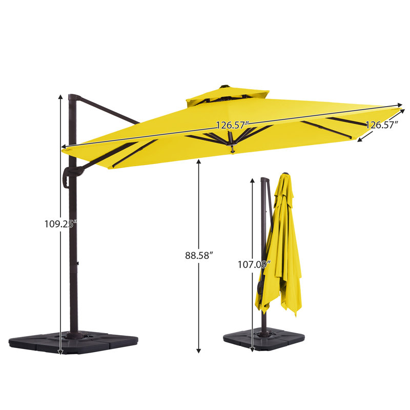 Parasol en porte-à-faux de patio carré 11 x 11 pi avec base lestée, Jaune