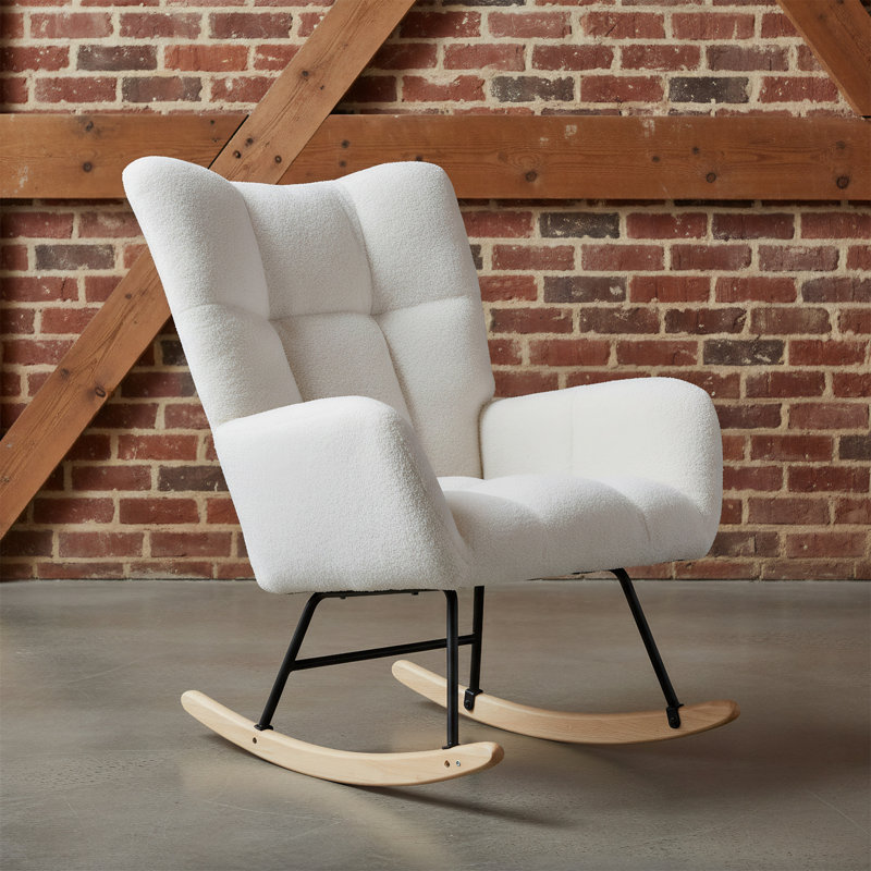 Chaise berçante en tissu doux et moelleux avec dossier à oreilles confortable et base en bois massif sécuritaire, Blanc