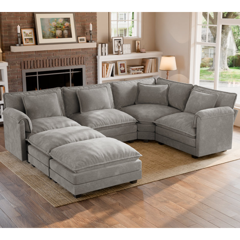 Canapé modulaire de coin modulaire en U rembourré 6 pièces 6 pièces 114 "avec tissu de chenille, Gris chenille