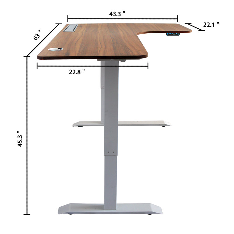 Bureau en hauteur à hauteur ajustable en L avec prises intégrées, Chêne foncé / blanc