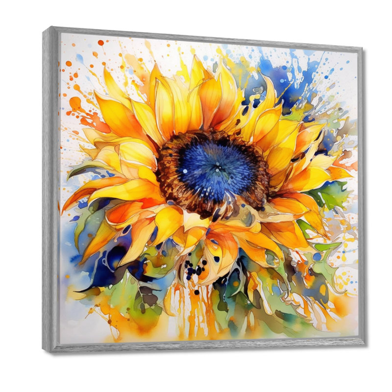 Jaune, bleu, doré, tournesols joyeux - art mural floral, H 30 po x l 30 po, Reproduction avec cadre flottant, Argent argent