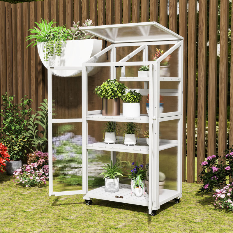 Wood Greenhouse with Adjustable Shelves and Wheels, Portable Cold Frame for Indoor/Outdoor, White