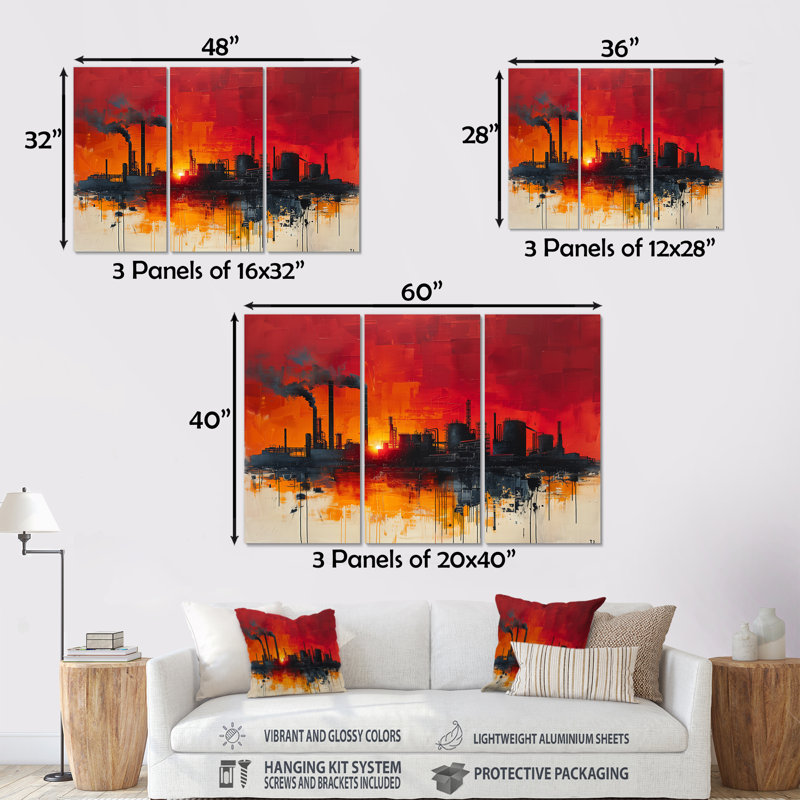 Jaune, rouge, production, Power Factories I - ensemble d'art mural usines, Métal métal, H 40 po x l 60 po x P 1 po