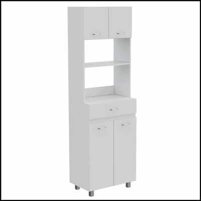 Pembrooke 2-Shelf 1-Drawer Microwave Pantry Cabinet in Smokey Oak, Combining Storage and Style for Modern Kitchens.
