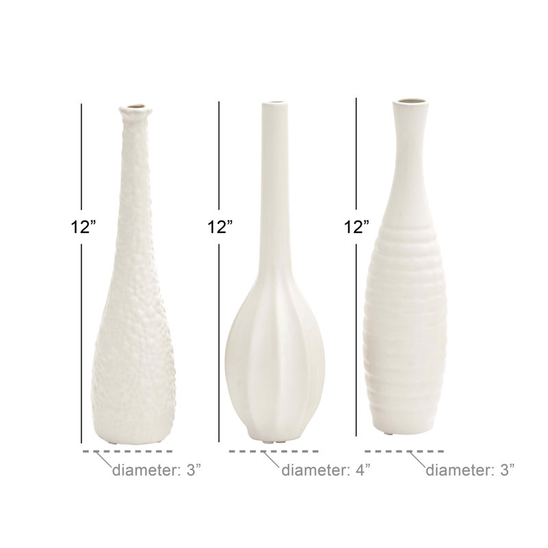 Ceramic Slim Textured Bottleneck Decorative Vase with Varying Patterns Set, White