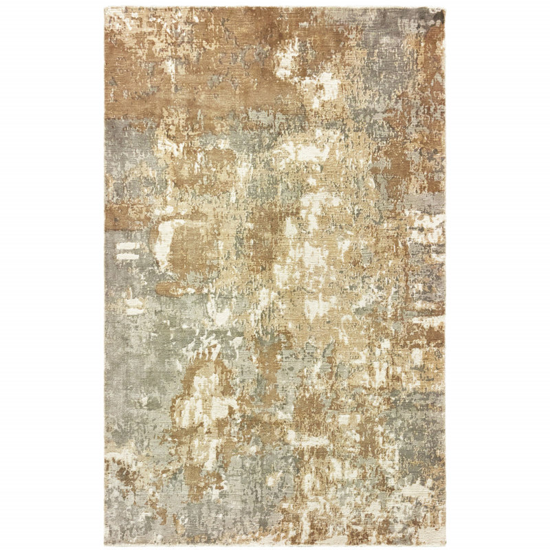 Tapis abstrait gris / brun noué à la main Kirkpatrick, Rectangle 9 pi x 12 pi