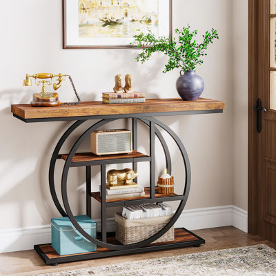 Console de 41,3 pouces de style industriel chic avec base circulaire, détail en bois étroit pour le vestibule et le salon