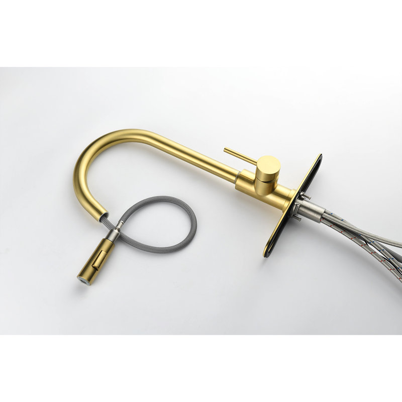 Robinet de cuisine en acier inoxydable avec finition dorée brossée, rotation de 360 buses, deux sorties d'eau, poignée simple pour un contrôle facile, corrosion / rouille, P 15,9 po, l 10,12 po, H 9,26 po,