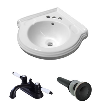 Lavabo de salle de bain de coin circulaire en céramique blanche avec robinet et trop-plein