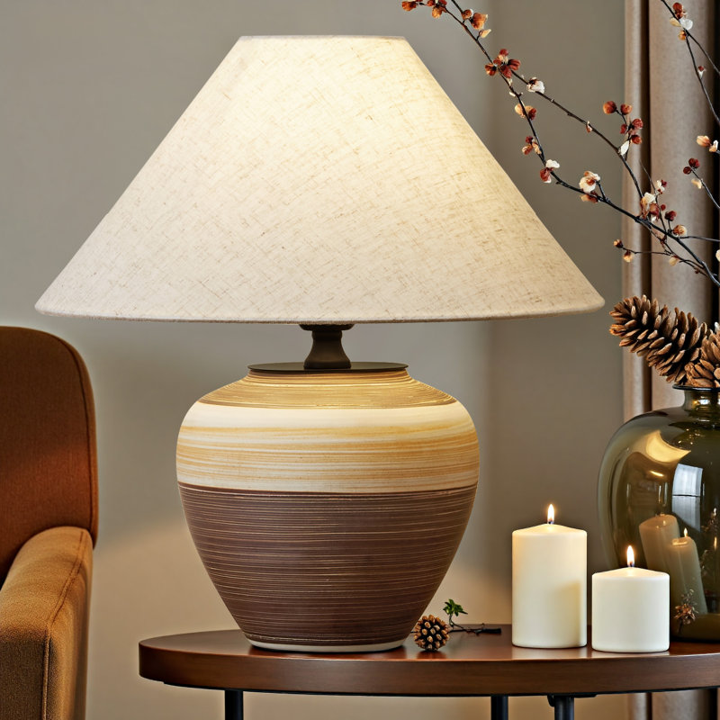 Beige & Brown Two-tone Ceramic Table Lamp – Handmade Striped, Linen Shade For Bedroom, Living Room & Bedside