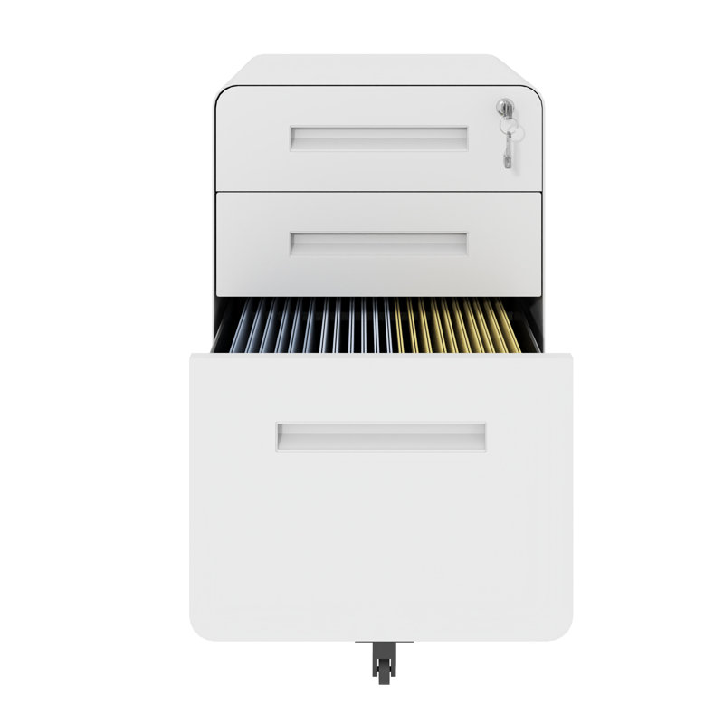 3-Drawer Wide Mobile File Cabinet with Lock, All-Steel Office Storage in White, White