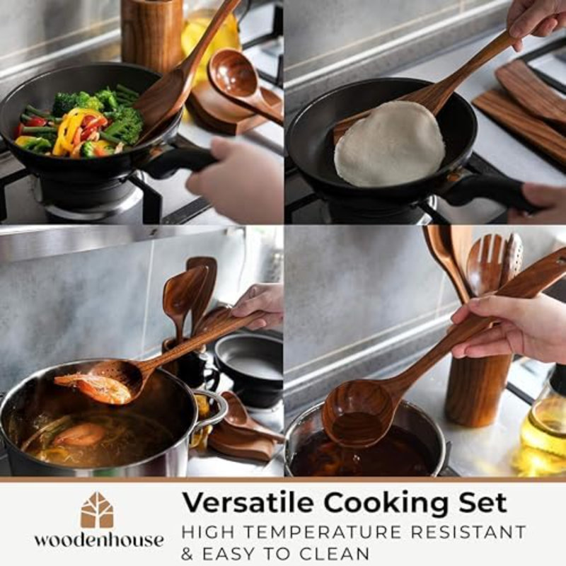 Cuillères en bois pour la cuisine - Ensemble d'ustensiles de cuisine en bois avec support, repose-cuillère et crochets, batterie de cuisine antiadhésive en bois de teck - ensemble durable de 12 pièces
