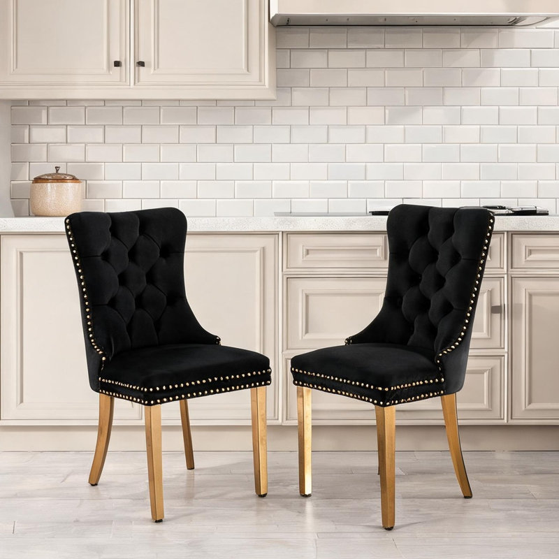Chaise d'appoint en velours capitonné avec garniture cloutée, pieds en acier inoxydable doré, ensemble de 2 pour salle à manger