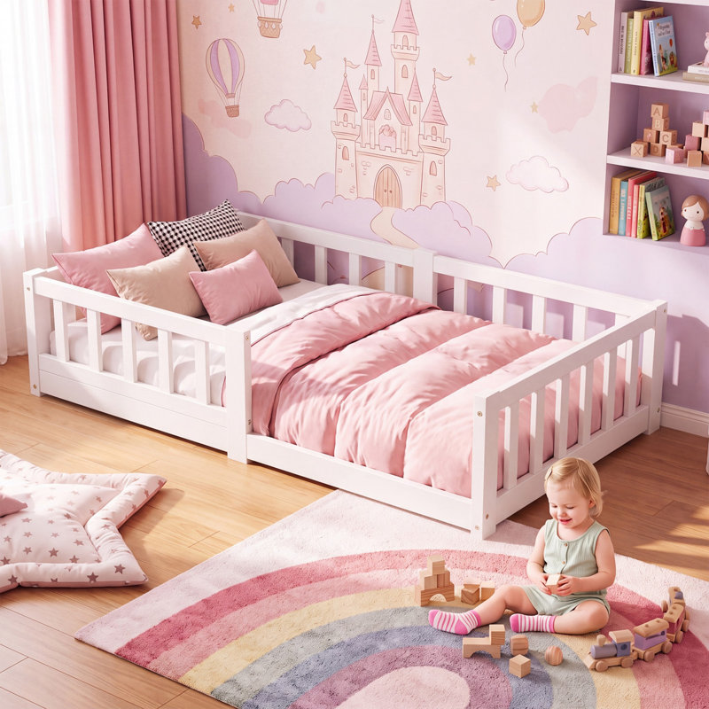 Lit Montessori en pin massif pour tout-petits, cadre de lit bas pour enfants avec barrières de sécurité complètes pour chambre de garçon ou de fille