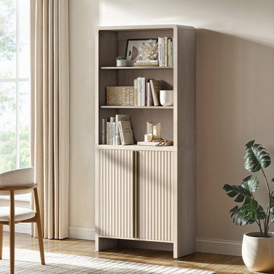74.1" Fluted  Bookcase With Doors,Book Shelf With 3 Open Shelves & 3 Hidden Shelves