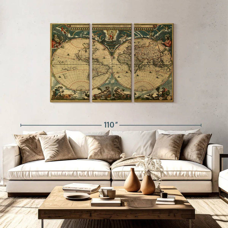 Carte du monde Aliaz des années 1600, H 48 po x l 74 po