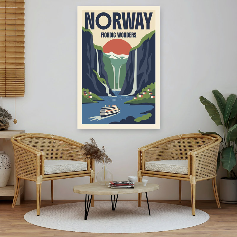 Scenic Fjord Cruise Dramatic Retro Tranquil Landscape Mountain Wall Art Print 1 Piece Wrapped Canvas Wall Art