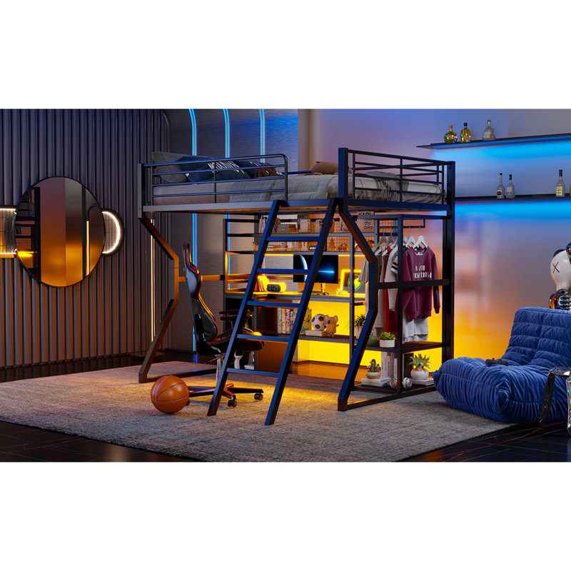 Lit mezzanine noir en métal pleine grandeur avec rangement multiple, garde-robe ouverte et DEL pour un espace de travail moderne Chambre bien conçue