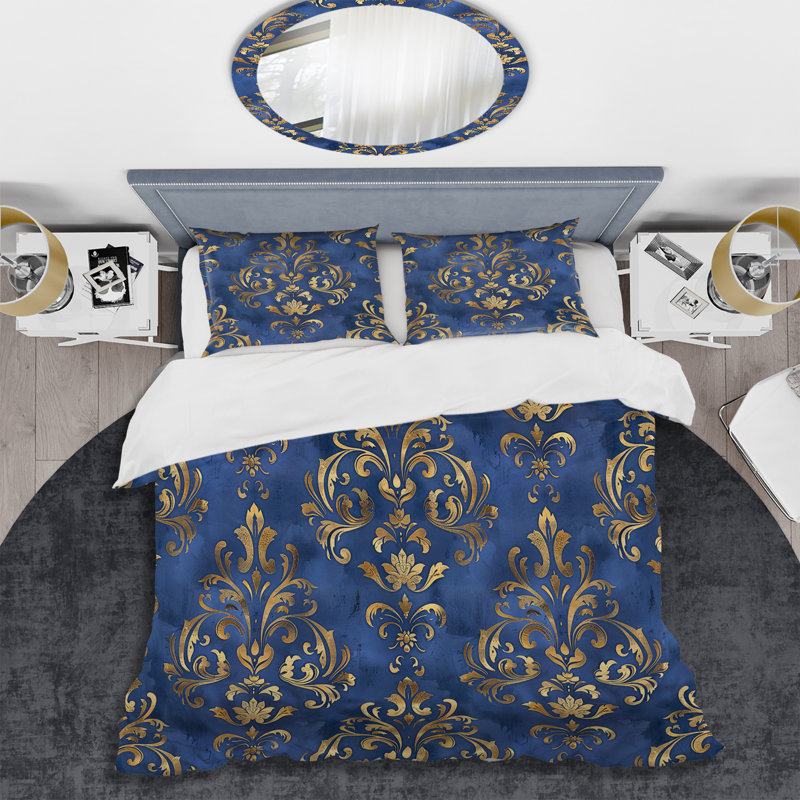 Ensemble de housse de couette bleu doré damassé Glamour III - Glam, Housse de couette très grand + 2 taies décorativ