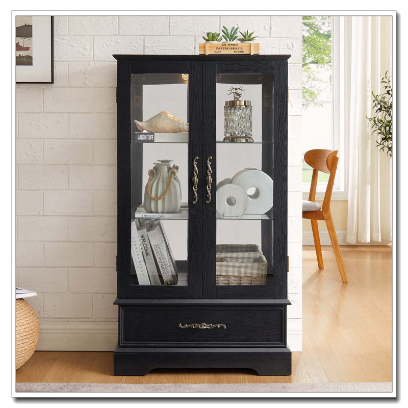 Vitrine lumineuse en verre avec tablettes réglables et tiroir, Noir