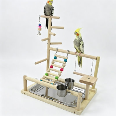 Wooden Parrot Play Stand, Bird Training Perch with Climbing Ladder Swing Bridge, Multi-Level Playground with Feeding Cups for Small Medium Parrots