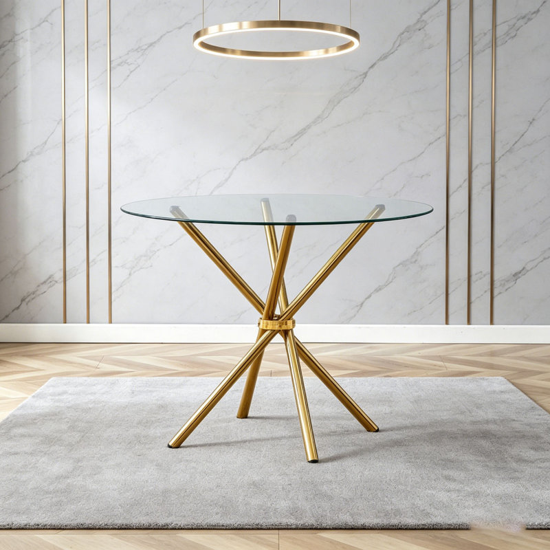 Round clear glass dining table, Gold