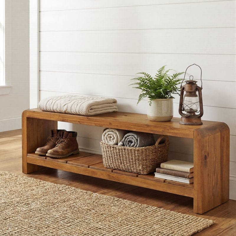 Banc en bois massif 59 "avec tablette de rangement, banc d'entrée pour la chambre à coucher, 59 po