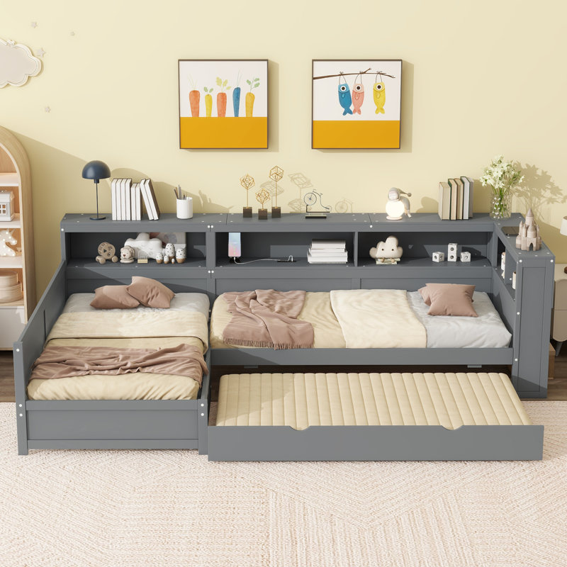 L-Shaped Daybed With Trundle, Drawer, And Usb, Gray