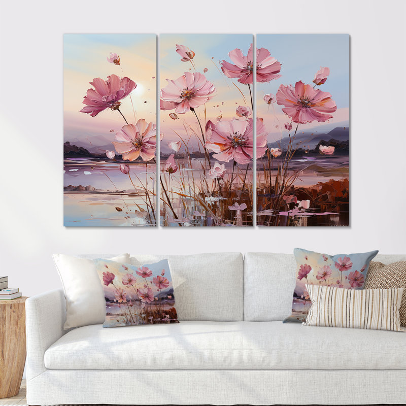 Magnifique fleur, œillets, champ, ensemble de salon d'art mural, H 40 po x l 60 po x P 1 po
