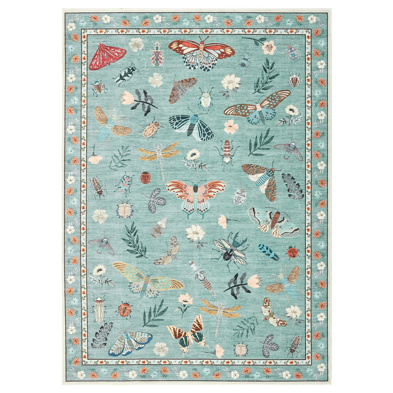 Insect Floral Area Rugs Modern Accent Carpet with Non-Slip Backing, Stain-Resistant Low Pile Floor Cover, Machine Washable Ultra-Soft Indoor Mat for Living Room, Bedroom, Kitchen