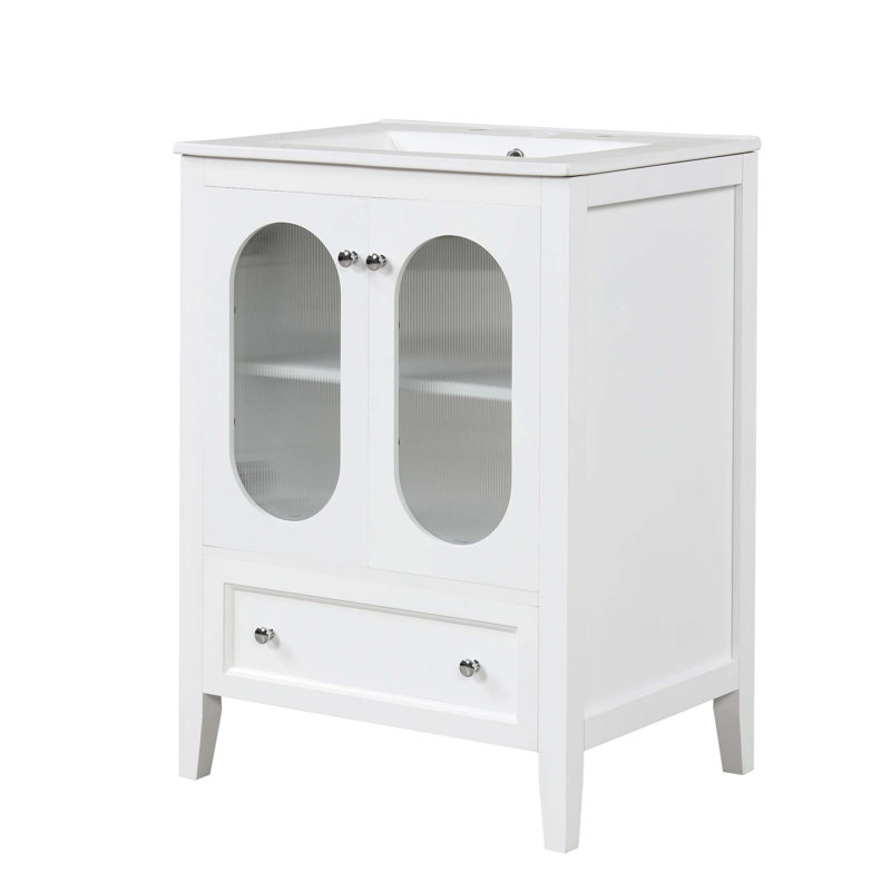 Meuble-lavabo 24 po avec lavabo, meuble-lavabo avec tiroir et portes, tablette réglable, bois massif et panneau de fibres à densité moyenne 24 po