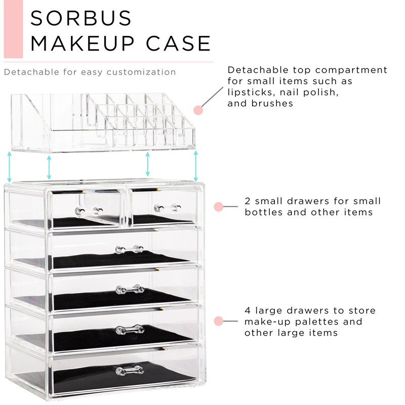 Sorbus Acrylic Makeup and Jewelry Storage Organizer Case, 2 Piece in Clear