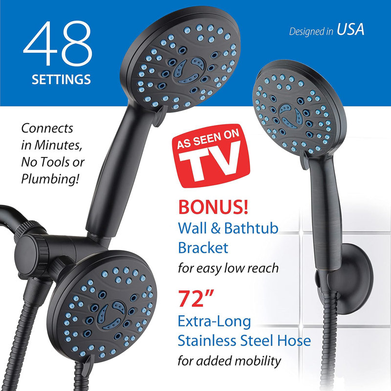 High-Pressure Shower Combo: 48-Setting Rain & Handheld, Anti-Clog Nozzles, Long Hose, Matte Black