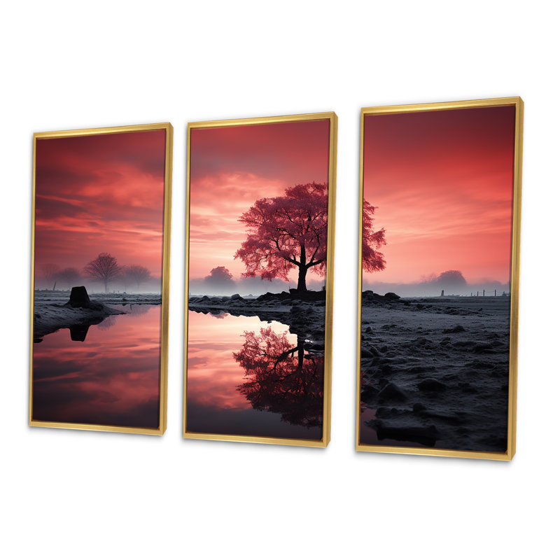 Silent Raspberry Tree Reverie Landscape I - Tree Canvas Art Set, Gold Floater Framed, 40" H x 60" W x 1" D