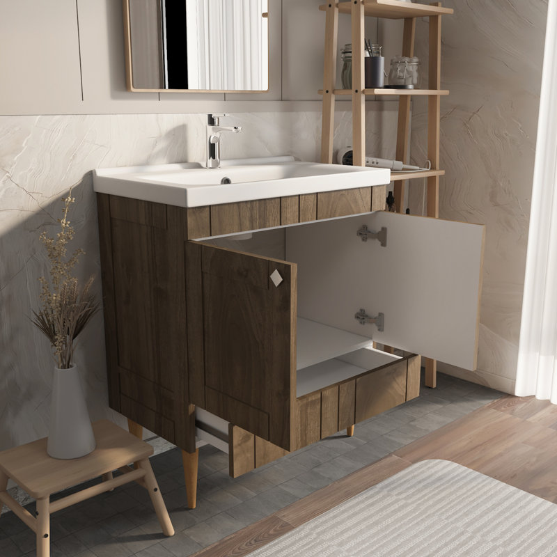 Meuble-lavabo avec lavabo en céramique Sara, Noyer, 31"
