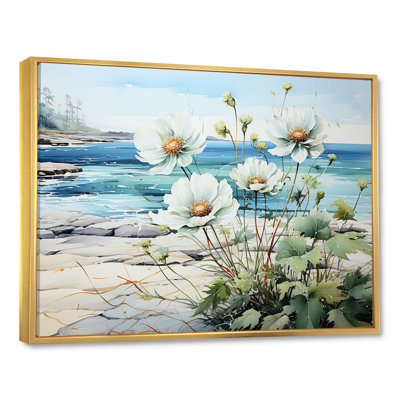 Fleur dans une vue océanique calme sur la plage I - art mural minimaliste côtier